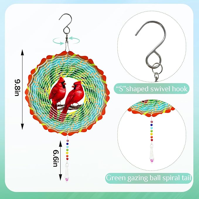 Cardinal Wind Spinner Crystal Tail, Marzovitra 10 inch 3D Stainless Steel Hanging Wind Spinner Metal Wind Catchers Kinetic Sculpture for Indoor,Outdoor Garden Decor,Yard Art