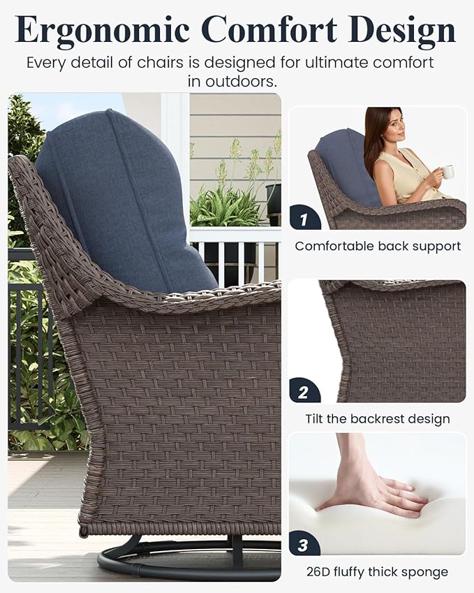 LayinSun 5 Piece Wicker Outdoor Furniture Set with 6-inch Comfy Cushions, High Back Patio Furniture Set with Swivel Rocking Chairs and Fire Pit Table