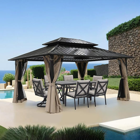 10' x 12' Hardtop Gazebo, Aluminum Frame Outdoor Patio Gazebo with Netting and Curtains, Outdoor Hardtop Gazebos, Patio Pergolas with Double Metal Roofs for Backyard, Patio, Deck, Sandstone