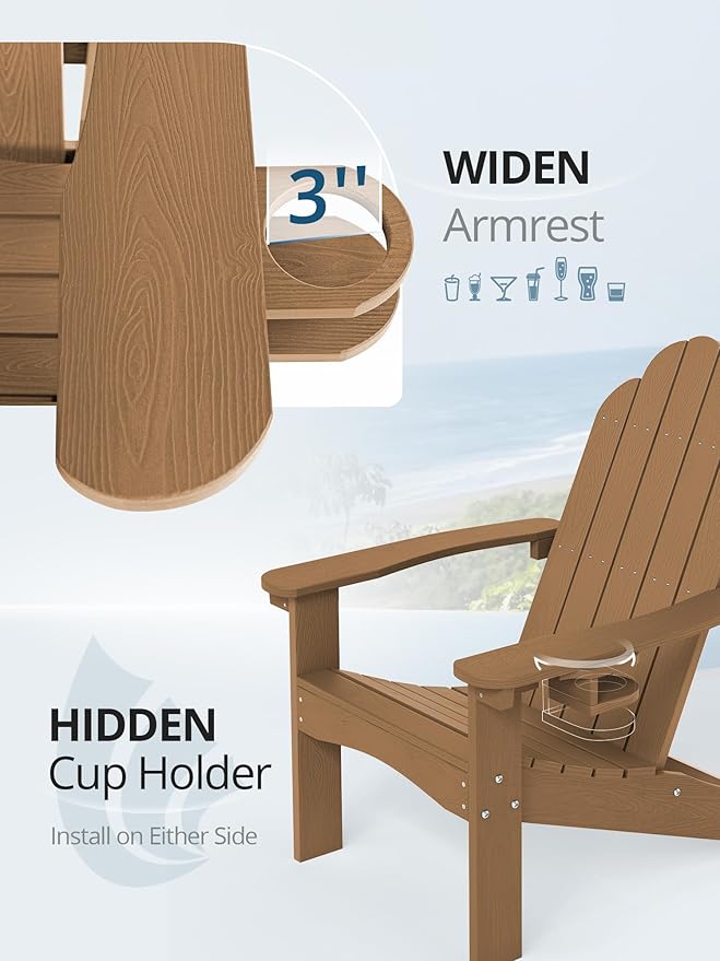 LUE BONA HDPE Adirondack Chairs Set of 4,Plastic Adirondack Chairs with Cup Holder Weather Resistant for Outdoor, Patio, Lawn, Garden, Backyard Deck, Fire Pit, Brown