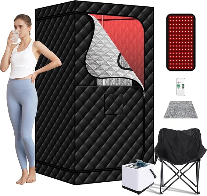 Portable Infrared Steam Sauna with 660nm Red Light Therapy Lamp, Full Size Saunas Tent with 3L Steamer, Personal Heat Box with Remote Control & Oversized Chair for Home/Gym/Pilates/Garage