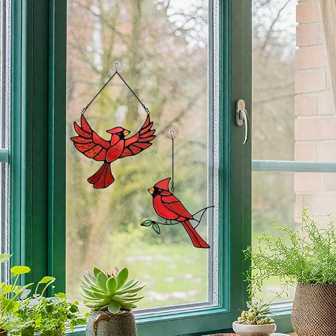 BOXCASA Cardinal Gfits Stained Glass Birds Window Hanging,Cardinal Handmade Ornament Stained Glass Suncatcher for Window,Cardinals Bird Gifts for Bird Lover Women,Memorial Gift for Mother