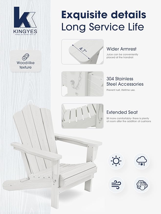 KINGYES Folding Adirondack Chair Set of 8, HDPE All-Weather Folding Adirondack Chair, White