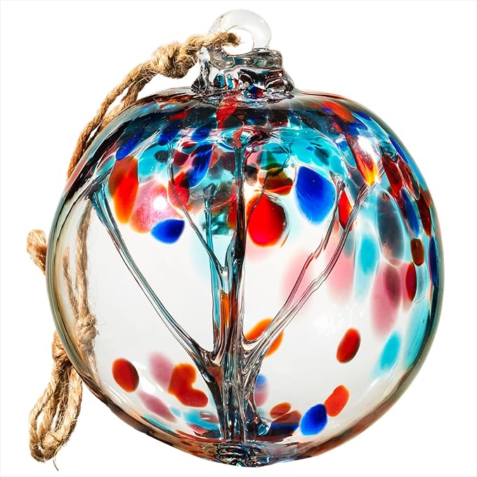 4” Tree of Life Witch Balls, Gazing Balls Hanging Friendship Balls, Hand-Blown Glass Christmas Ornament for Window Outdoor Home Decor, Garden Decoration, Gifts for Women (Teal Blue)