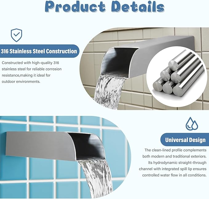 4x3 Inch Stainless Steel 316 Waterfall Spout for Pools Ponds Water Walls - Outdoor Fountain Spillway with Straight Flow Design & Built-in Lip (Brushed Stainless Steel)