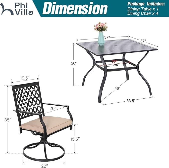 PHI VILLA 5-Piece Outdoor Dining Set, 4 Steel Metal Swivel Patio Chairs & 1 Square Dining Table, Black