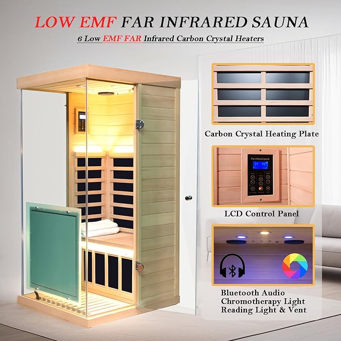 Canada Hemlock Low EMF FAR Infrared Sauna Room, 1 Person Indoor Sauna 1100W/120V with 6 Carbon Panel Heater & LCD Control Panel & Bluetooth Audio & 7-Color Chromotherapy Lights & 270° Panoramic Vision