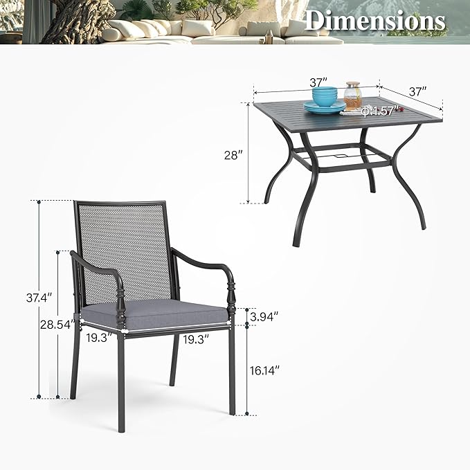 HERA'S HOUSE Metal Patio Table and Chairs Set for 4, Outdoor Dining Set 5 Pieces, 37" Square Table with Elegant Cushioned Armrest Chairs for Garden Backyard with 1.57" Umbrella Hole