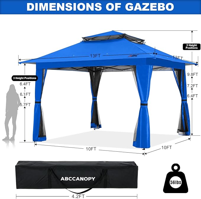 ABCCANOPY 13x13 Pop Up Gazebo, Outdoor Canopy Tent, Instant Screened Shelter with Mosquito Netting for Patio, Garden, Backyard, Party, Camping (Royal Blue)