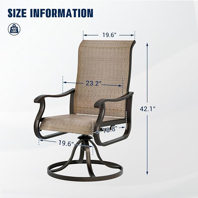 UDPATIO Patio Swivel Dining Chairs Set of 2, Outdoor Dining Chairs High Back with All Weather Breathable Textilene, Metal Rocking Frame for Lawn Garden, Brown