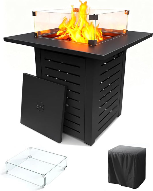 28 Inch Outdoor Propane Fire Pit,50,000 BTU Gas Firepit Table with Steel Lid,304 Stainless Steel H-Burner,Lava Rocks and Wind Guard,Fire Pits for Outside Patio Deck Garden,Black