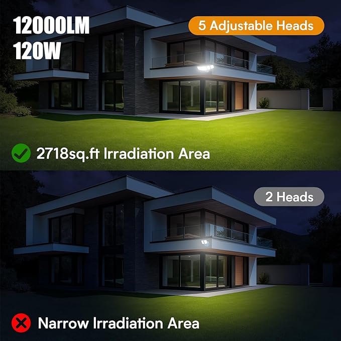 Onforu 120W 12000LM Dusk to Dawn Outdoor Lighting,5 Heads Flood Lights Outdoor,6500K Super Bright Outdoor Lighting,IP66 Waterproof Hardwired LED Security Lights for Garage,Yard,Outside