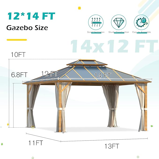 12'x14' Gazebo, YOLENY Outdoor Wood Grain Hardtop Gazebos on Clearance, Aluminum Composite Double Roof with Privacy Curtain and Mosquito Net for Patio, Lawn, Garden, Deck, Gray