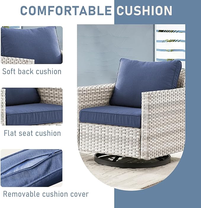 Wicker Patio Furniture Set, 6 PCS Outdoor Patio Furniture Set with Swivel Chairs, Includes 2 Swivel Patio Chairs, 1 Outdoor Couch, 1Side Table and 2 Ottoman, Light Beige/Blue