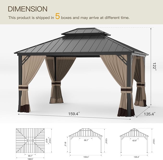 12'x14' Hardtop Gazebo,Outdoor Galvanized Steel Metal Double Roof Gazebo with Curtains and Netting for Patios,Gardens,Lawns,Sand