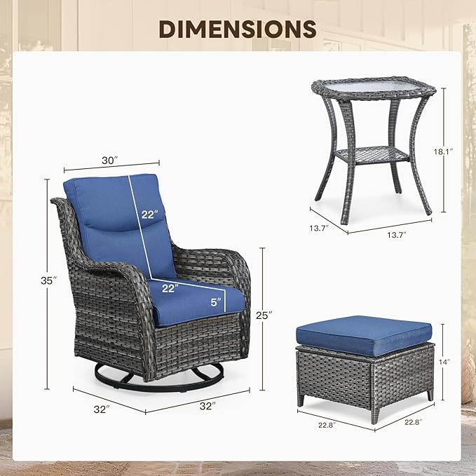 Patio Conversation Set with Smile-Shaped Cushions, Luxury Outdoor Swivel Chairs with Side Table and Ottomans, 5PCS PE Rattan Swivel Glider Chairs Set, Grey Wicker|Blue Cushions