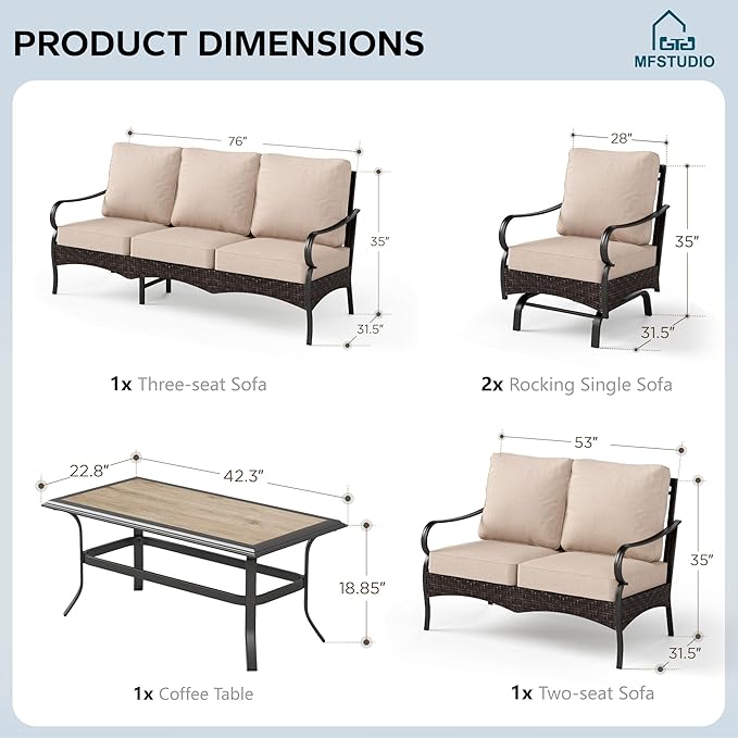 MFSTUDIO 5 PCS Outdoor Patio Furniture Set, Metal Outdoor Conversation Set, Rattan Wicker Patio Sectional Sofa Set with 2 x Rocking Single Sofa, 2-Seat and 3-Seat Sofa, 1 x Coffee Table, Beige