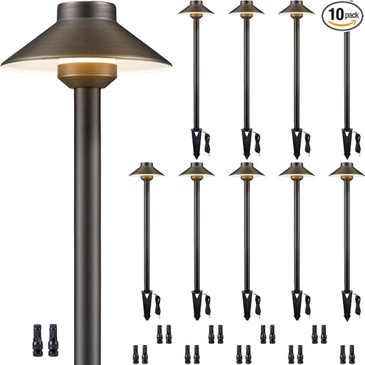 Gardenreet Solid Brass Landscape Path Lights - 12V Low Voltage Pathway Light IP65 Waterproof, Outdoor Walkway Fixture Hardwired, Hat-top Antique Bronze for Patio Lawn G4 Bulb Not Included (10 Pack)