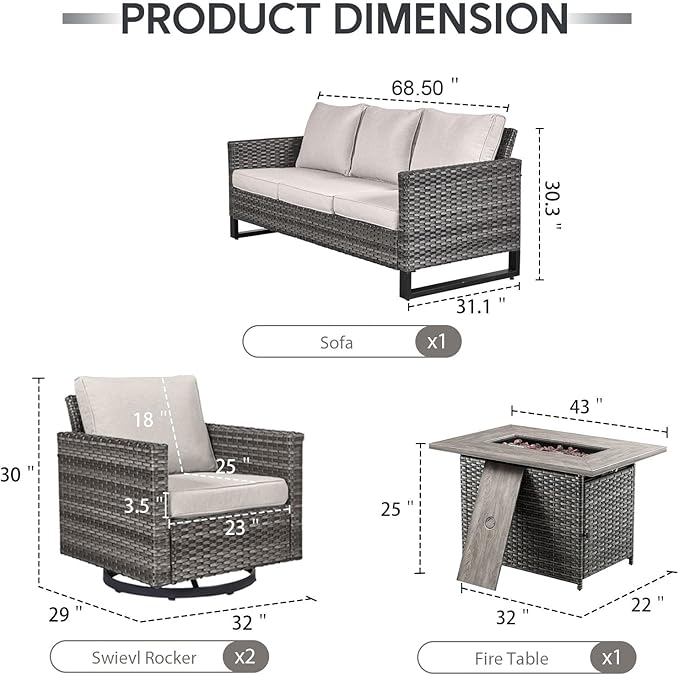 4 Piece Wicker Patio Furniture with Fire Pit Table - Outdoor Conversation Set with 50,000 BTU Fire Pit, All Weather Rattan Patio Set for Deck Backyard Garden - Grey Wicker Beige Cushion