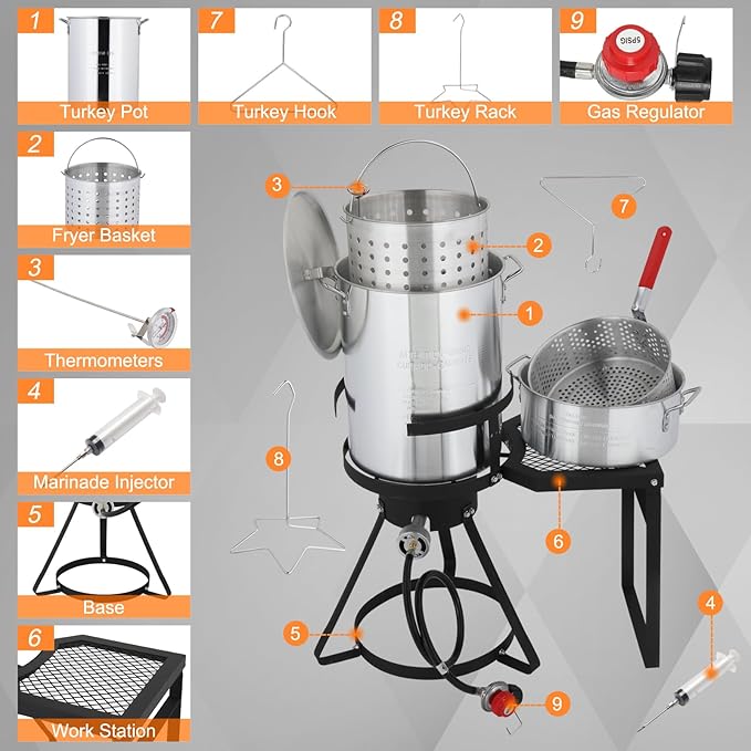 Outvita 30Qt Turkey Deep Fryer & 10QT Fish Fryer Kit w/Baskets, Aluminum Fish & Seafood Boiler Steamer with 55,000 BTU Propane Gas Burner & Additional Prep Table, Ideal for Outdoor Fry