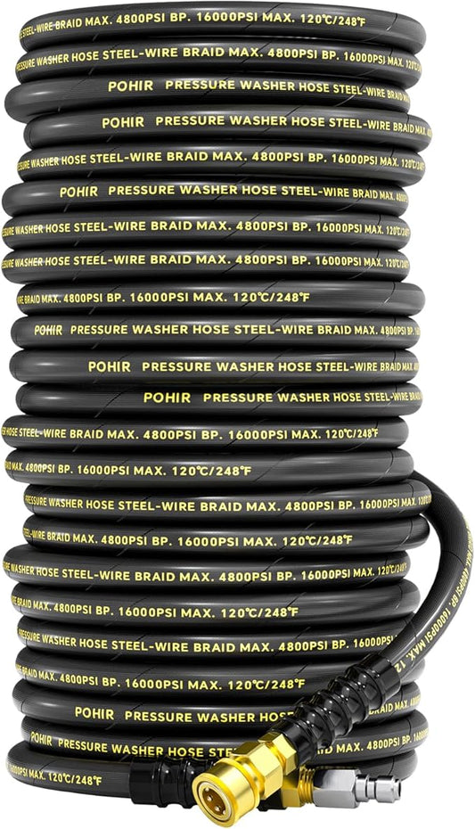 3/8" 200FT Pressure Washer Hose 4800PSI, Power Washer Hose Steel Wire Braided with Swivel Quick Connect, Commercial Grade Industrial High Pressure Water Washing Hose (4800PSI, 200FT)