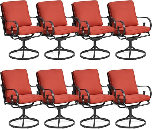 MELLCOM Patio Swivel Chair Set of 8, Heavy Duty Outdoor Dining Chairs with Thickened Cushions, Metal Patio Chairs Gentle Rocker for Outside, Garden Lawn & Porch, Backyard, Red