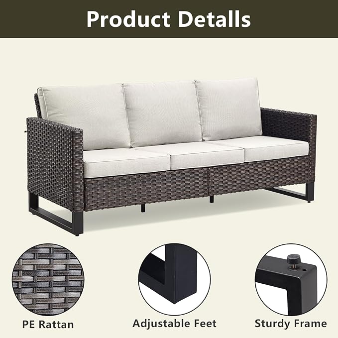 Rilyson Wicker Outdoor Patio Furniture Set - 6 Piece Patio Conversation Set with 2 Armrest Chairs,2 Rattan Ottoman,1 Couch and 1 Metal Side Table for Outside Porch Deck Backyard(Brown/Beige)