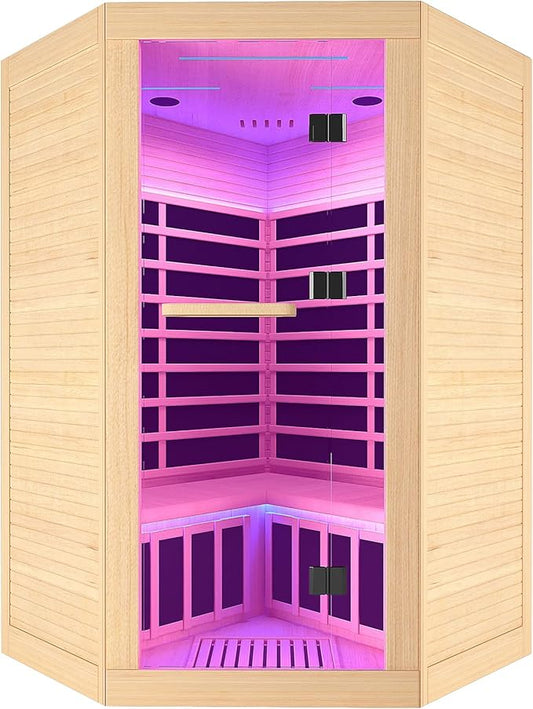 Sauna Room Far Infrared Saunas Home 1 to 3 Person Canadian Hemlock 2180W Low-EMF Dry Sauna with Oxygen Bar/7 Color Therapy/9 Heating Plates/Control Panel/Speakers 20-Year Aftersale