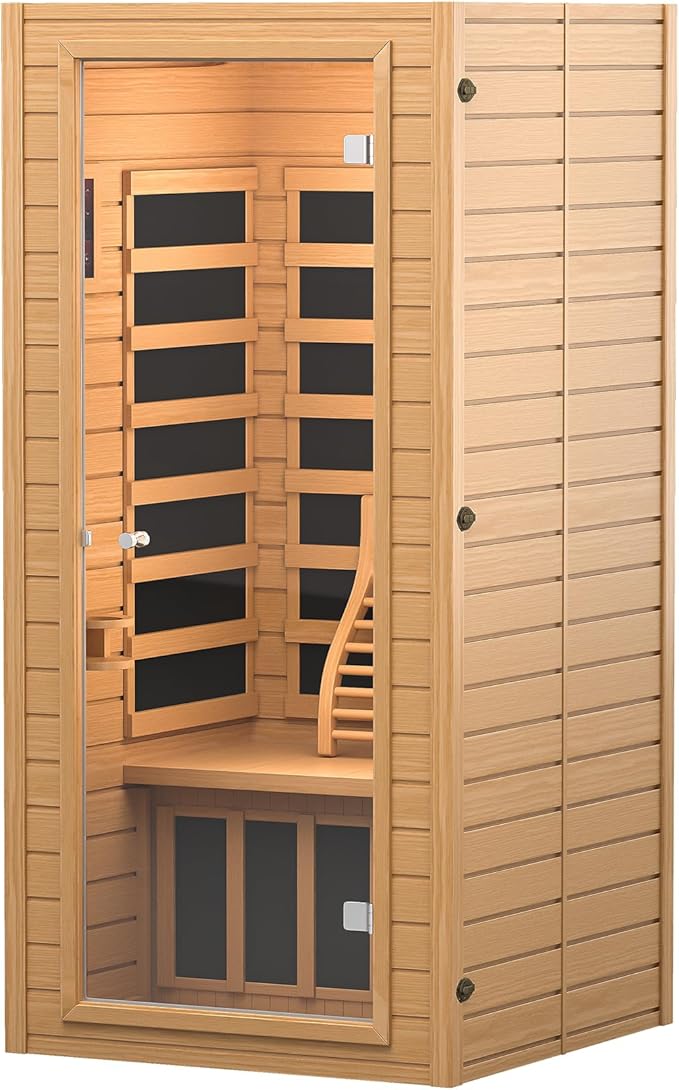 springspa Far Infrared Sauna for Home, Near Zero EMF Wood Home Sauna Room with 1400W, 9 Chromo Therapy Lights, Oxygen Ionizer, Bluetooth, LCD Control Panel for Indoor Use, 1 Person