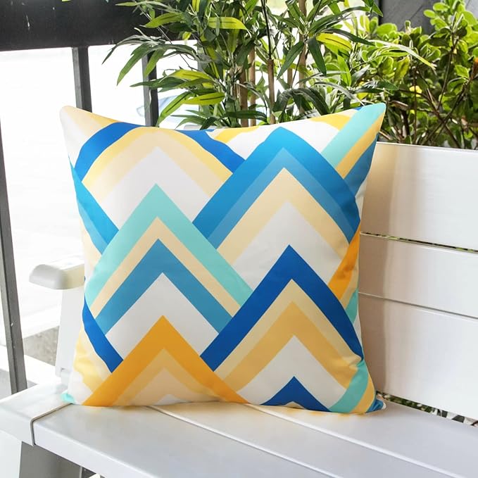 Pyonic Pack of 2 Decorative Outdoor Waterproof Pillow Covers 18x18 Square Garden Outside Polyester Throw Pillow Covers for Patio Tent Couch Funiture, Colorful Blue Yellow