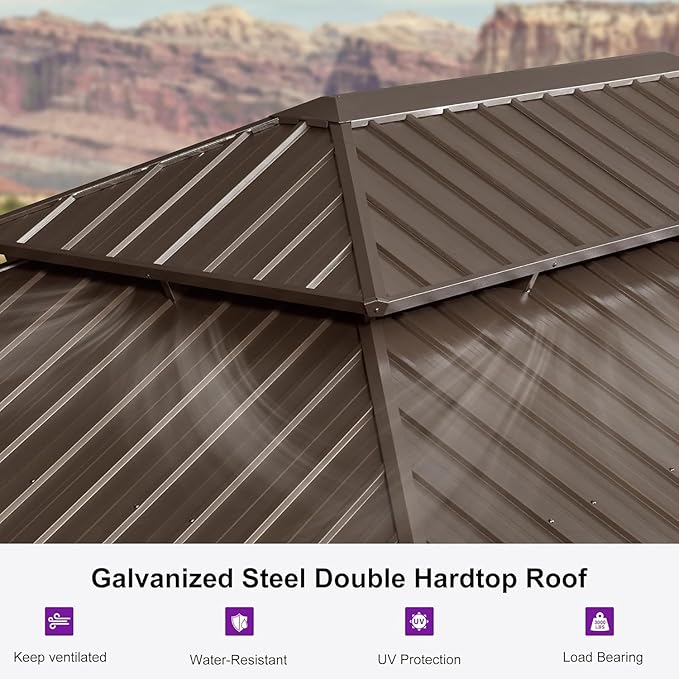 PURPLE LEAF 14' X 20' Hardtop Gazebo Patio Wide Aluminum Frame Metal Double Roof with Heavy Duty Netting and Curtains for Permanent Hard Top Pavilion Screen Khaki
