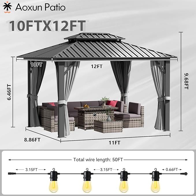 Aoxun 10'x12' Hardtop Gazebo Featuring Aluminum Frame & Double Galvanized Steel Roof, Outdoor Metal Shelter with Netting, Plus LED Waterproof Hanging Lights
