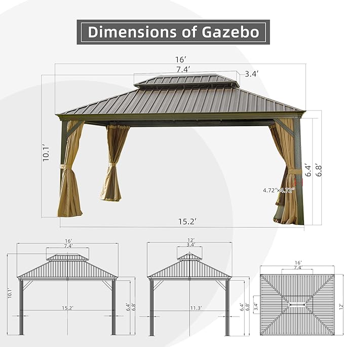 Domi 12'x16' Hardtop Gazebo with Gutters, Outdoor Aluminum Frame Canopy with Galvanized Steel Double Roof, Outdoor Permanent Metal Pavilion with Curtains and Netting