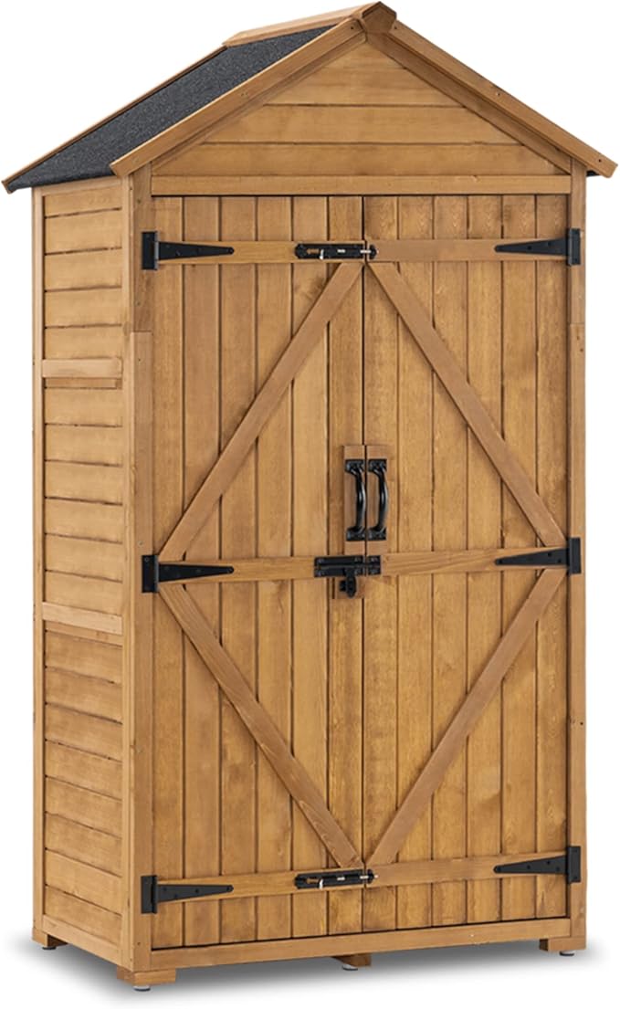 MCombo Outdoor Storage Cabinet with 2 Shelves, Outside Storage Shed with Floor, Wooden Garden Tool Shed with Latch for Yard Deck Lawn, 1000