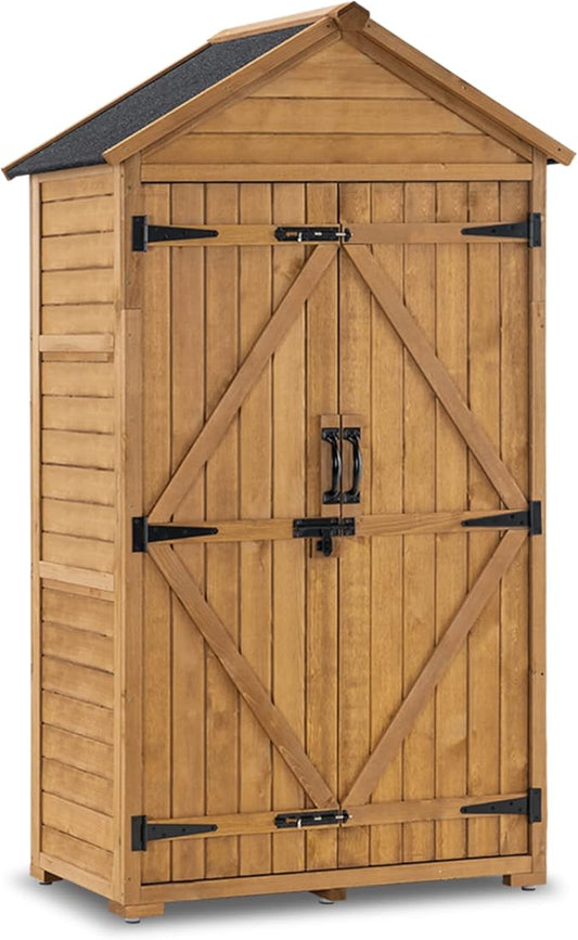 MCombo Outdoor Storage Cabinet with 2 Shelves, Outside Storage Shed with Floor, Wooden Garden Tool Shed with Latch for Yard Deck Lawn, 1000