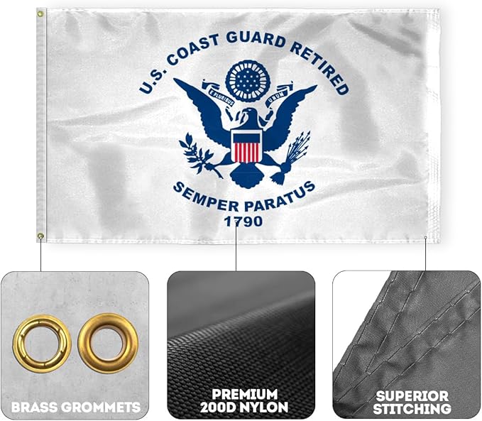 AGAS USCG Coast Guard Retired Boat Flag 12x18 inch - Printed 200 Denier Nylon - Double Stitched Edges Canvas Header Brass Grommets - Indoor/Outdoor United States Coast Guard Retired Boat Flag