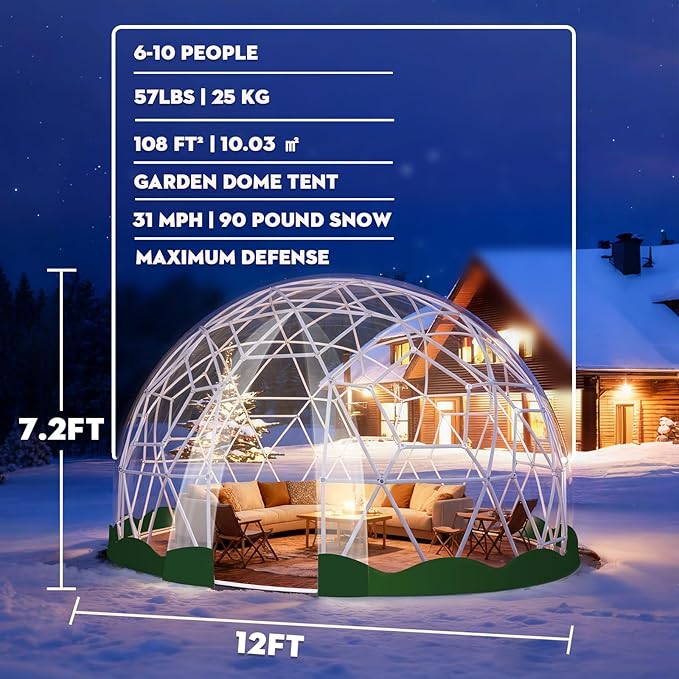 12FT Garden Dome Tent, Geodesic Dome Greenhouse with PVC Clear Cover, Waterproof Garden Bubble Dome Tent House with 2 x 10M Light Strings for Outdoor, Patio, Backyard, Party (Green Edge, 12.5FT/3.8M)