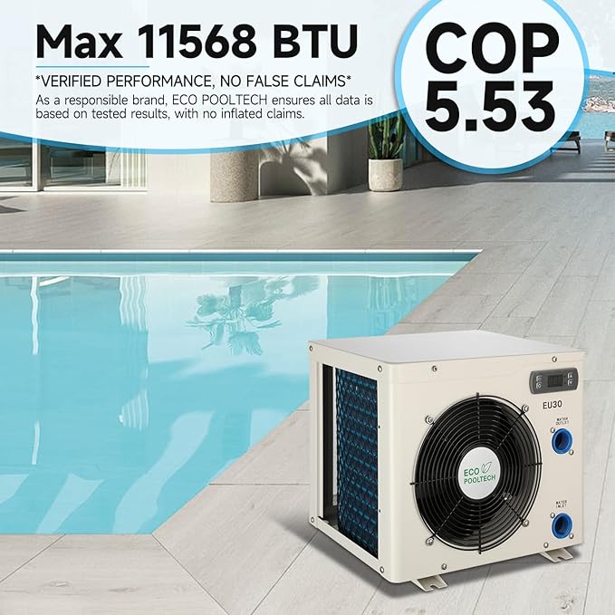 Swimming Pool Heater EU30, Max 11568BTU Electric Pool Heat Pumps for Above Ground Pools up to 2000Gallons, Titanium Heat Exchanger, High Efficient, 110V-120V Plug in Pool Warmers