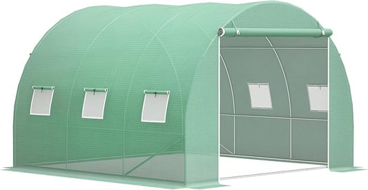 Outsunny 10' x 10' x 6.5' Walk-in Tunnel Hoop Greenhouse, Polyethylene PE Cover, Steel Frame, Roll-Up Zipper Door & Windows for Flowers, Vegetables, Tropical Plants, Green