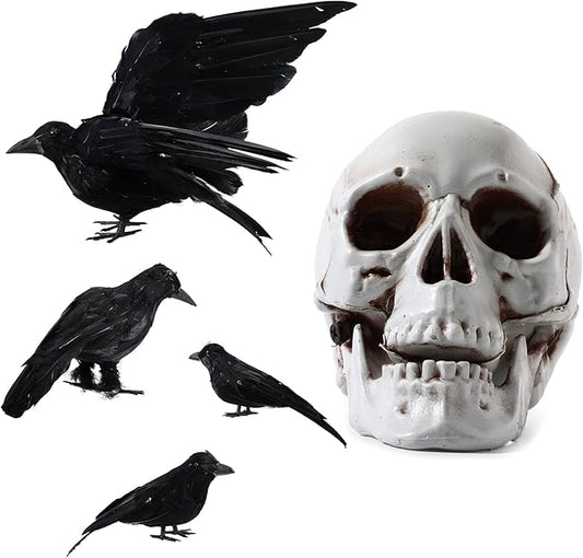 Yerliker 5 Pcs Halloween Black Feathered Crow and Skull Statue Set Handmade Realistic Crow Decor Spooky Plastic Fake Porch Decor for Halloween Decorations