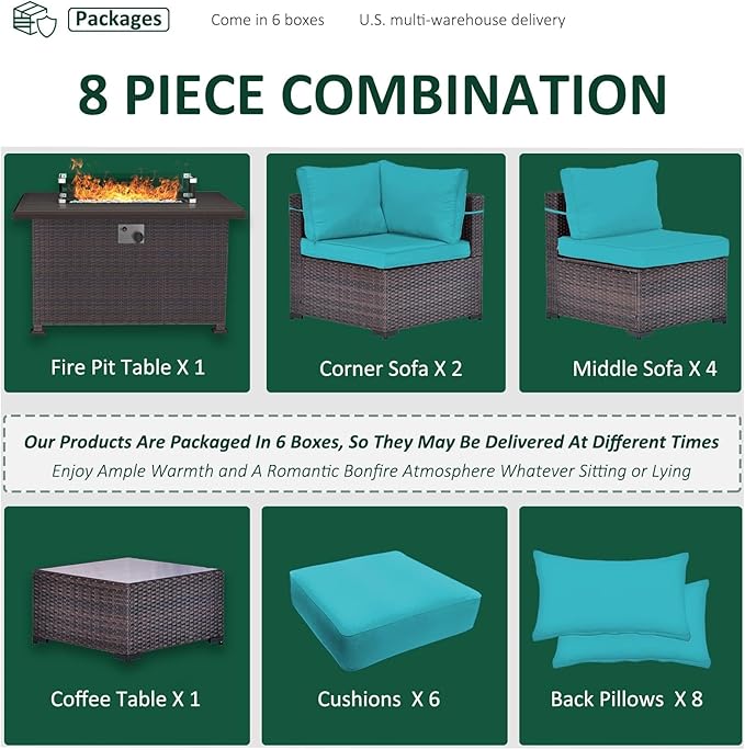 Outdoor Patio Furniture Set with Propane Fire Pit Table, 8 Pcs Outdoor Furniture Patio Sectional Sofas Conversation Sets w/ETL Approved 43" Gas Outdoor Fire Table & Coffee Table Turquoise