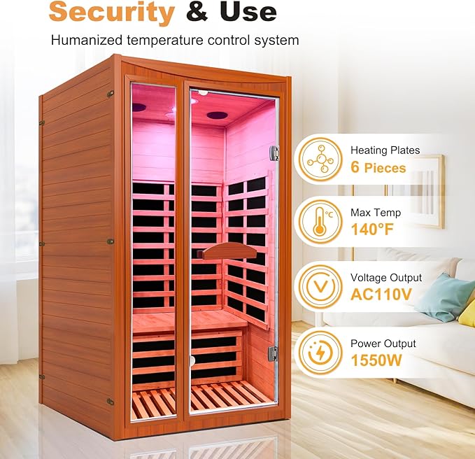 1-2 Person Home Sauna Low EMF Far Infrared Sauna with Red Light Bluetooth Speakers Indoor Dry Sauna 1550W 110V 39.37"x35.43"x74.8"