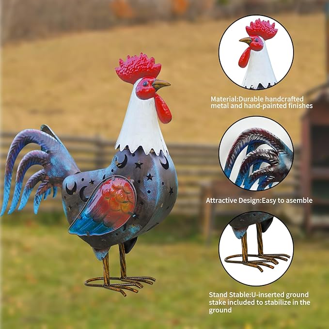 LIFFY Metal Rooster Yard Decor,18" Solar Rooster Outdoor Decor with LED Lights,Chicken Home Decorative Ornaments,Garden Statues for Outside Patio Backyard Landscape Lawn