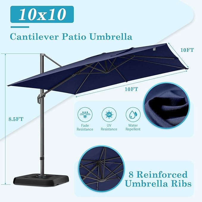 Hotime 10x10ft Large Cantilever Patio Umbrellas - Upgrade and Intensify - with 360 Rotation and 5 Angles Adjustment - Aluminum Offset Pool Umbrella Square Outdoor Umbrella for Patio Garden