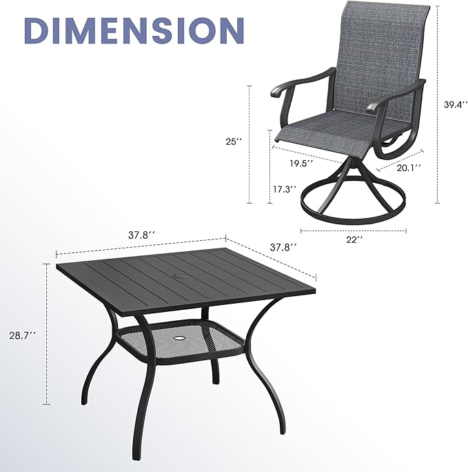VICLLAX 5 Pieces Patio Dining Set, Outdoor Furniture Set of 4 Patio Swivel Dining Chairs and Square Patio Table with Umbrella Hole, Dark Charcoal Chairs & Black Tabletop