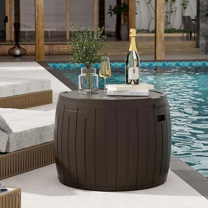 ZZM 33 Gallon Round Deck Box, Patio Side Table for Cushion, Picnic Bucket, Small Bench Seat, All-Weather & Portable, Brown