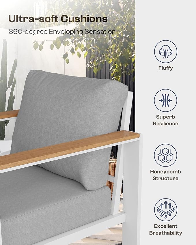 Aluminum Outdoor Patio Furniture Set with Coffee Table, 7 Piece Patio Conversation Sets with Thick Cushion, Ottomans, Patio Sectional Furniture Set for Porch, Balcony, Deck, Yard, White