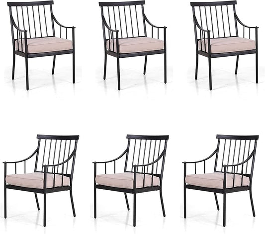 PHI VILLA Outdoor Metal Steel Dining Chairs with Cushion, Black Heavy-Duty Weatherproof Armchairs for Patio, Deck, Yard - Set of 6