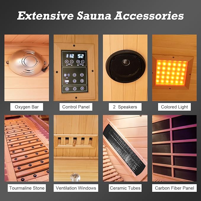 Infrared Sauna with Recliner, 1-2 Person Hemlock Wood Indoor Home Sauna, Dry Sauna Spa with 2300W/220V Heater Tube & Carbon Panels, Control Panel, 10 Minutes Pre-Warm up, Oxygen Bar, Hourglass