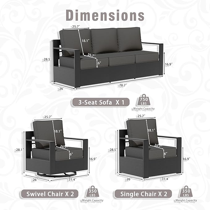 5 PCS Aluminum Patio Conversation Set - 3-Seater Sofa, 2 360° Swivel Chair, 2 Fixed Chair with 6" Thick Water-insistant Cushions, All-Weather Use Removable Cover, Ideal for Garden, Poolside (Grey)